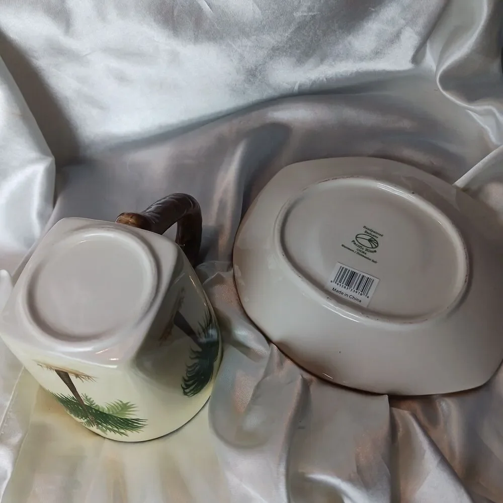 PACIFIC RIM BLACK PALM HAND PAINTED SQUARE BOTTOM CUP and SAUCER-NEW
